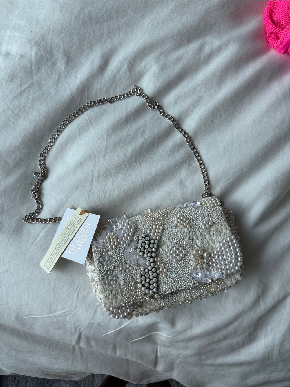 Beaded Ivory Pearl Crossbody Bag with Chain Strap